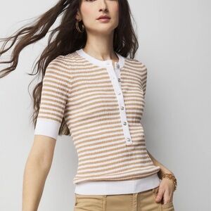 White House Black Market Tan and White Striped Button-Down Top